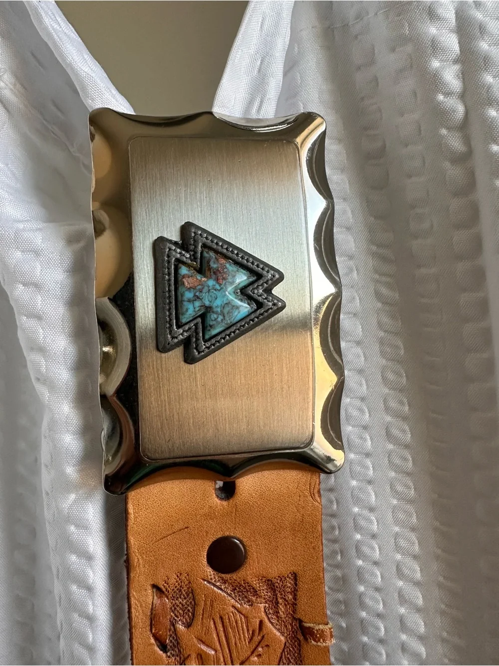 Western Tooled Leather Belt with Decorative Buckle - Brown